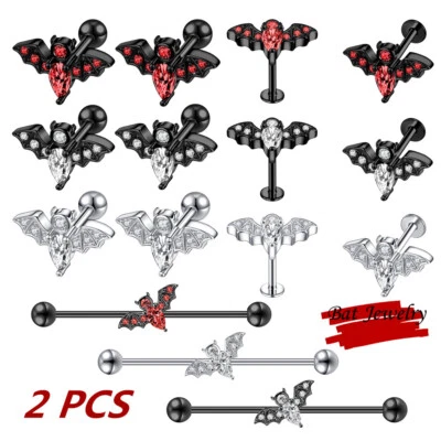 Pendientes de acero quirúrgico para murciélago circonita cúbica piercing para labios piercing industrial joyería 2 piezas Foto 1 de 4