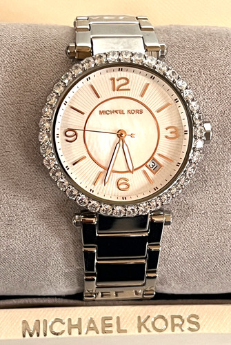 Orologio MICHAEL KORS MK4694 donna Parker Lux Glitz tono argento nuovo con etichette confezione regalo $250