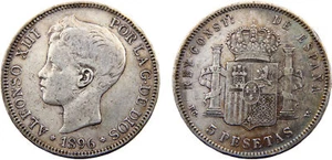 Spain 1896 *18-96 PGV 5 Pesetas Silver 90.0% VF - Picture 1 of 1