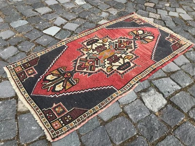 土耳其复古小地毯手工羊毛波西米亚浴垫地毯 1,9 x 3.6 英尺 — 第 1/4 张图片