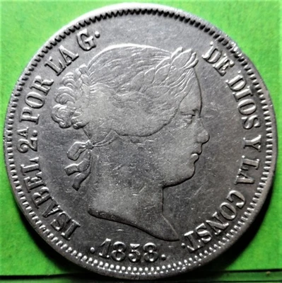 ISABEL II, 20 Reales, 1858, SEVILLA, Silver, SPAIN - Image 1 of 2