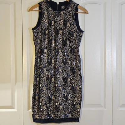 Vestido recto Vince Camuto lentejuelas 12 azul dorado años 20 Gatsby cóctel fiesta glamour  Foto 1 de 4