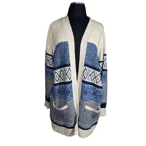 Pink Clover Mackinley Open Knit Cardigan Long Sleeves Pockets Blue Tan Size M - Picture 1 of 13