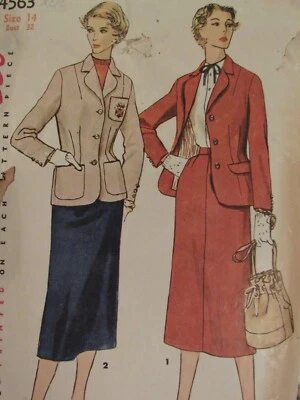 VTG 50s SIMPLICITY 4563 Misses Jacket & Skirt in 2 Versions PATTERN 14/32B - Image 1 of 4