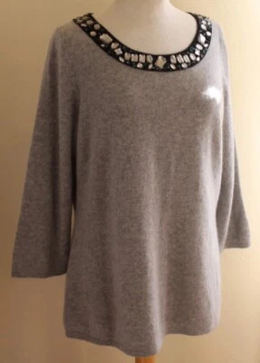 Suéter Elena Solano Talla XL 100% Cachemira Escote Joyas Gris 3/4 Foto 1 de 4