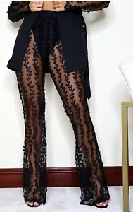 NWT PRETTYLITTLETHING Black Woven Sheer Lace Flared Trousers US 2 - Picture 1 of 12