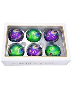 Green and Purple Peacock 80MM Glass Ball Christmas Ornaments Set of 6 GG0920 New