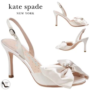 Kate Spade Happily Slingback Pumps Bridal Bow Ivory Satin Stiletto Heel Sandal 9 - Picture 1 of 18