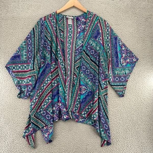 Catherines Top Womens 1XW Petite Blue Multi Batik Kimono 3/4 Sleeves Open Front - Picture 1 of 11