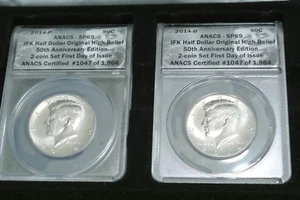 2014 P&D Kennedy 50c High Relief FIRST DAY OF ISSUE 2 Coin Set CLAD ANACS SP69 - Picture 1 of 8