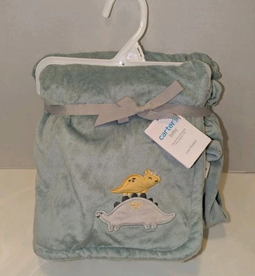 Carters Two Dinosaur Cozy Baby Blanket Blue Gray Yellow Security Lovey Plush New - Image 1 of 4