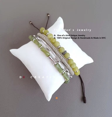 Novo conjunto de pulseira masculina de jade fosco com aço inoxidável e tecido à mão 4 peças - Imagem 1 de 4
