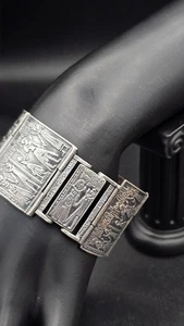 Vintage Egyptian Revival Sterling Silver Panel Bracelet Hieroglyphics Pharaoh... - Picture 1 of 18