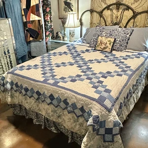 Vintage 90s Blue & White Irish Chain Farmhouse Gingham Floral Patchwork Quilt - Picture 1 of 17