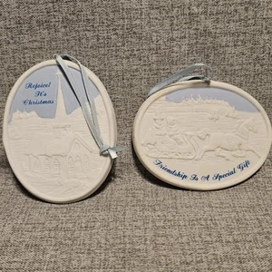 Two Ornaments Russ Berrie porcelain ' Friendship Is Special & Rejoice White Blue - Picture 1 of 5