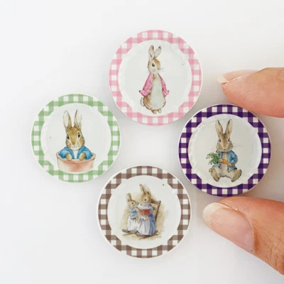 Miniature Peter Rabbit Plates 1:12 Dollhouse Easter Decor Set of 4 Ceramic Dish - Image 1 of 4