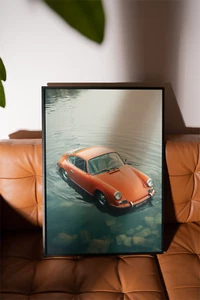 Vintage Porsche In Lake Art Print, Porsche 911 Retro Wall Decor - Picture 1 of 7