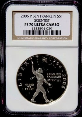 2006 BEN FRANKLIN SCIENTIST Silver Dollar NGC PF70💥FLAWLESS QUALITY💥 - Image 1 of 4