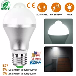 E27 Motion Sensor LED Light Bulb 6500k Auto On/Off Dusk to Dawn 9W In/Outdoor - Picture 1 of 12