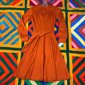 Vintage Sears 70s Burnt Orange A Line Dress 12 Polyester Knit Long Sleeve Boho - Picture 1 of 18