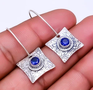 Blue Sapphire (Simulated) 925 Sterling Silver Handmade Earring 1.56" E93471304 - Picture 1 of 3