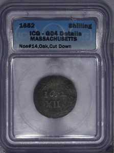 1652 Massachusetts Oak Shilling ICG G4 Noe #14 Cut Down LB - Picture 1 of 2