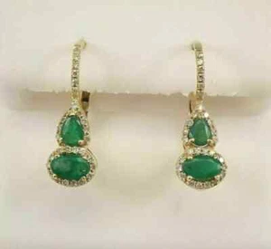 2Ct Pear Lab Created Green Emerald Drop Dangle Earrings 14k Yellow Gold Plated - Picture 1 of 4
