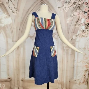 Vintage 1960's Sundress Dress Sleeveless Buttons Denim Striped Top Groovy - Picture 1 of 18