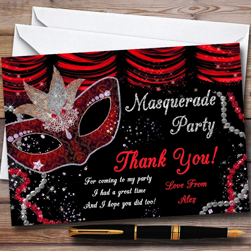 Red & Black Mask Masquerade Ball Personalised Party Thank You Cards - Image 1 of 1