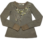 Miss Me Sweater Shirt Brown Gold Sequin Floral Bead Embroidered Women's Medium