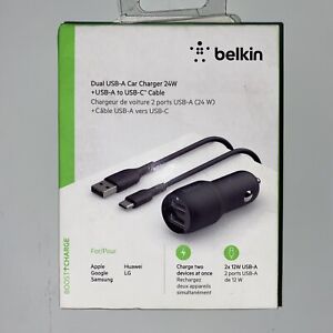 Belkin - Dual USB-A Car Charger 24W + USB-A to USB-Cable - Black