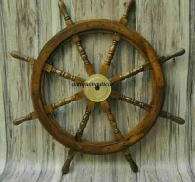 36 Inch Big Ship Steering Wheel Wooden Antique Teak Brass Nautical Pirate Ship's - Image 1 of 4