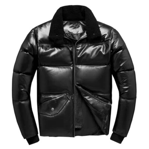 Men’s Black Real Sheepskin Faux Fur Collar Winter Padded Leather Puffer Jacket - Picture 1 of 4