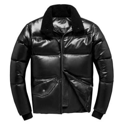 Men’s Black Real Sheepskin Faux Fur Collar Winter Padded Leather Puffer Jacket - Image 1 of 4