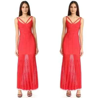 NUEVO CON ETIQUETAS $1900 Herve Leger Zhenya Rojo Amapola Vendaje Bodycon Maxi Vestido Vestido Vestido Mediano Foto 1 de 4