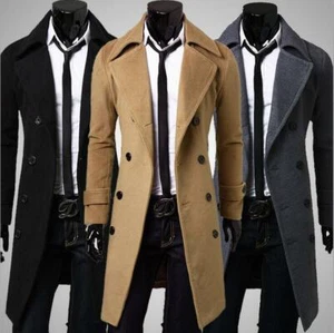 Men casual double breasted trench coat wool jacket slim Cashmere overcoat tops - Picture 1 of 8