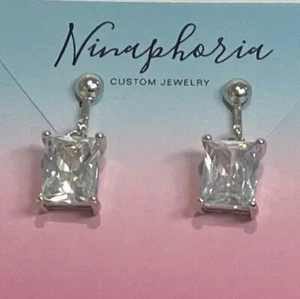 SILVER WHITE GOLD TONE RECTANGLE RADIANT CUT FAUX DIAMOND CLIP ON DANGLE Earring - Picture 1 of 7