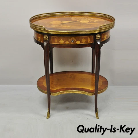 French Louis XV Style Marquetry Inlay Bronze Ormolu Accent Side Table Cover