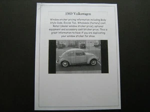 1969 Volkswagen full-line dealer cost/window list sticker for car & options '69 - Picture 1 of 1