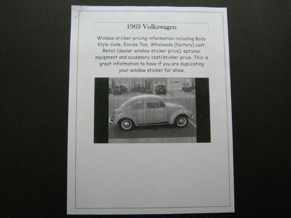 Volkswagen 1969 línea completa concesionario costo/ventana lista pegatina para auto y opciones '69 Foto 1 de 1