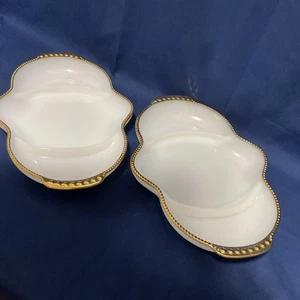 Vintage Paar Fire King Anchor Hocking Milchglas geteilt Relish Geschirr Goldrand - Bild 1 von 3