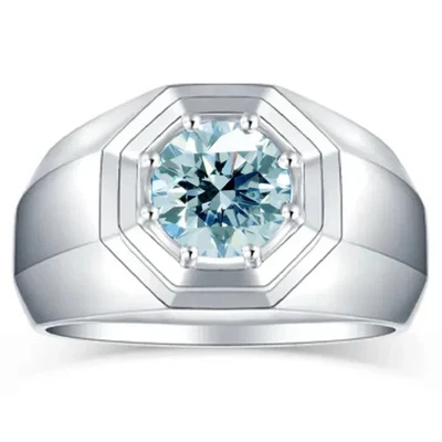 Мужское обручальное кольцо-солитер с имитацией аквамарина круглой огранки белое золото 14 карат - Изображение 1 из 4