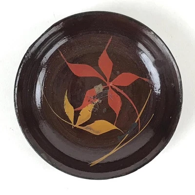 Japanese Lacquered Wooden Small Plate Mamezara Vtg Dish Round Brown Leaves L96 - Image 1 of 4