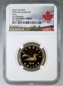 2024 $1 CANADA GILT SILVER PROOF LOONIE NGC PF70 LOON NEW EFFIGY FIRST YEAR & FR - Picture 1 of 3
