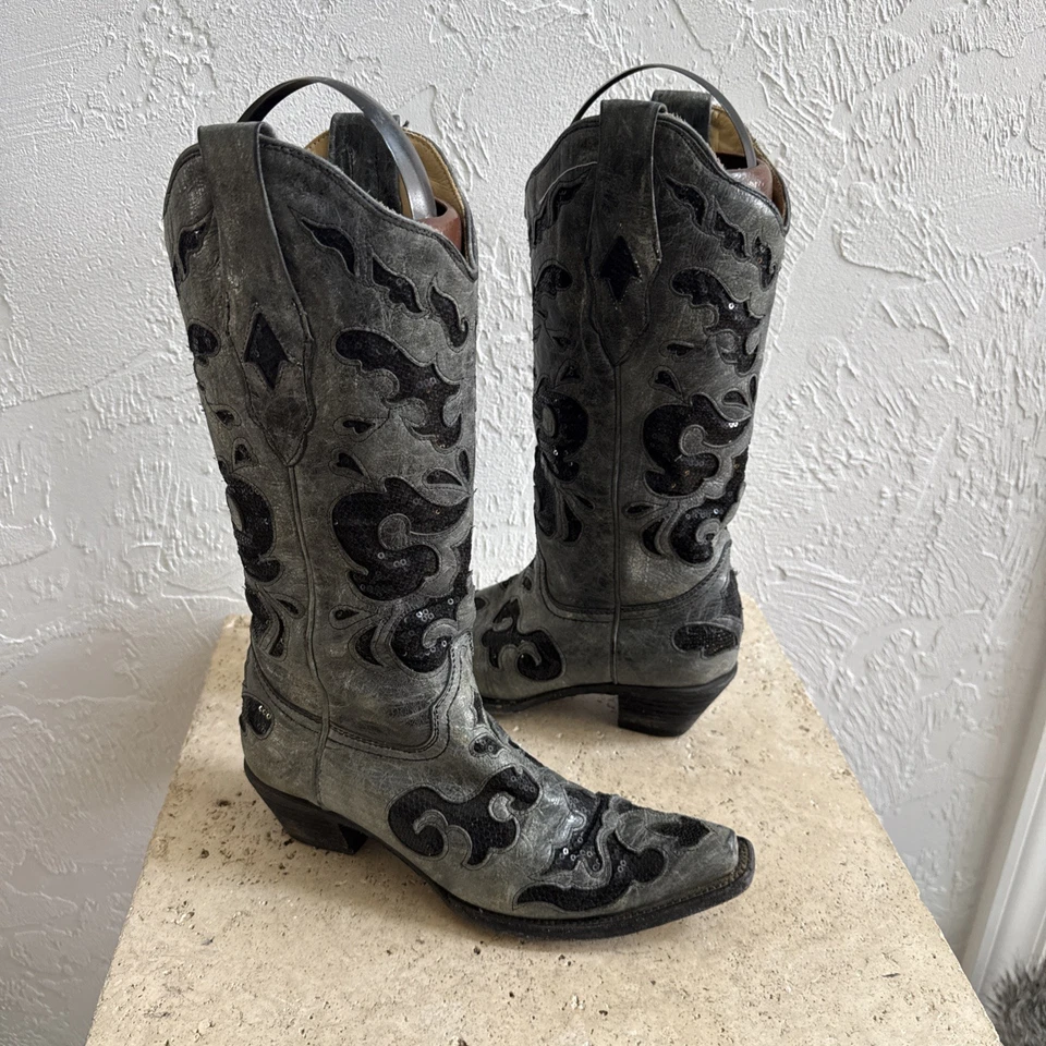 Corral Women's CARMEN A1065 Black Gray Sequins Inlay Leather Cowboy boots 7.5 M - Image 1 of 4