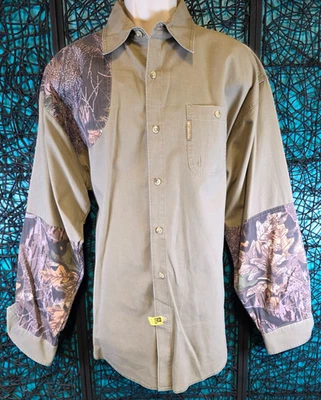 VTG COLUMBIA HUNTING SHOOTING SHIRT MENS XL GREEN CAMO BUTTON HEAVY RIGHT HANDED - Image 1 of 4