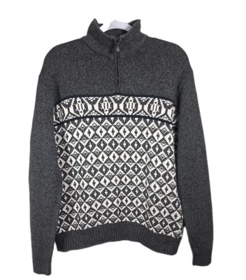 GEOFFREY BEENE Sweater Fair Isle 1/4 Zip Mock Neck Grey Knit Mens Medium Cotton  - Image 1 of 4