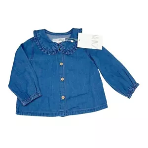 NEW Zara 6-9 mos Ruffle Collared Chambray Denim Button Up 100% Cotton - Foto 1 di 7