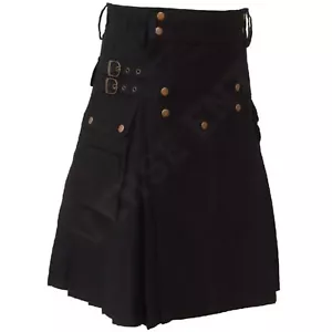 Men's Black Cotton Scottish Utility Kilts Handmade Cargo Pockets Tactical Kilts - Picture 1 of 5
