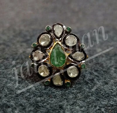 Vintage Smaragd Edelstein 925 Sterlingsilber Ring Polki Diamant Gorgeous Schmuck - Bild 1 von 3